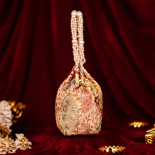 Image of Opulent Pearl Potli Bag, Bridal Wedding Handbag, Designer Beaded Clutch for Women, Festive Ethnic Purse