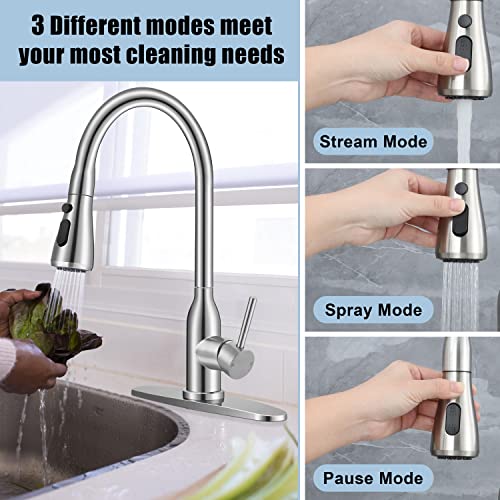 Homikit Kitchen Sink Faucet Brushed Nickel With Pull Down Sprayer, 304 Stainless Steel Kitchen Faucets With Deck Plate For 1 Or 3 Hole, High Arc Commercial Faucet For Farmhouse Laundry Utility Rv Bar #TOP2