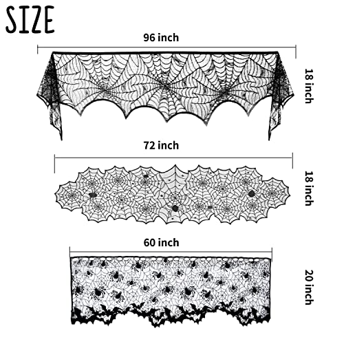 Beeager 5 Pack Halloween Spider Decorations Sets -Halloween Fireplace Mantel Scarf & Round Table Cover & Lace Table Runner & Cobweb Lampshade & 60 Pcs Scary 3D Bat For Halloween Party Decors #TOP1