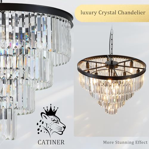 Modern Black Crystal Chandeliers,24” Ceiling Round Chandelier,Luxury Flush Mount Pendant Light Fixture with Chain Farmhouse 4 Tiers K9 Chandelier for Dining Room Bedroom Foyer by CATINER - Image 7