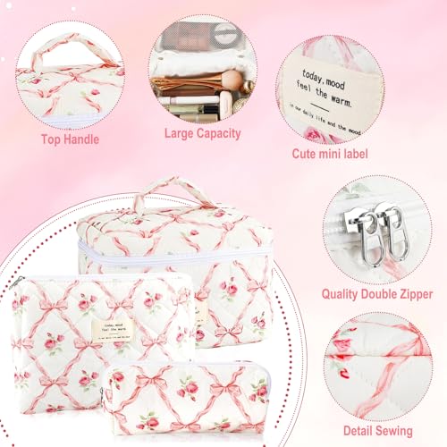 URSKYTOUS 3Pcs Makeup Bag Quilted Cosmetic Bag Set Bow Travel Large Makeup Pouch for Women Cute Portable Cotton Toiletry Bag Skincare Organizer Coquette Vintage Travel Essential by URSKYTOUS - Used condition - Image 3