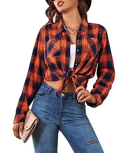 Damipow Flannel Shirt Women Long Sleeve Fall Blouse Ladies Casual Top Cute Clothes