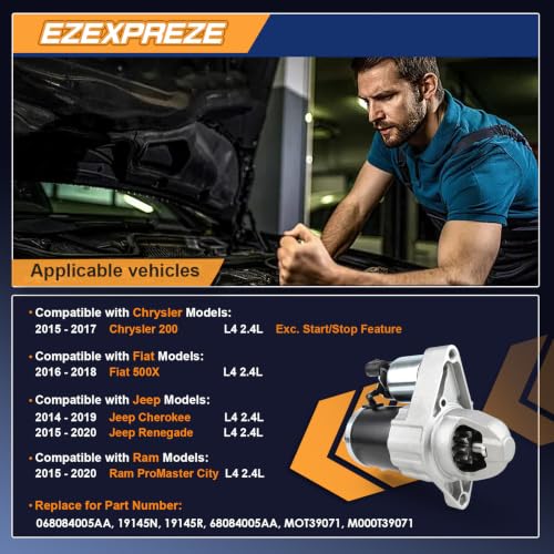 Image of Ezexpreze 19145 New Starter for Chrysler 200 15-17 & Jeep Cherokee 14-19, Renegade 15-20 & Fiat 500X 16-18 & Ram ProMaster City 15-20, L4 2.4L