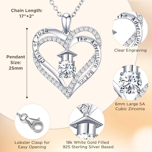 NORBU The Adventure Begins S925 Graduation Gifts for Her 2025, 5A CZ Graduation Cap Double Heart Pendant Necklaces for Women High School College Grad Jewelry Gift2
