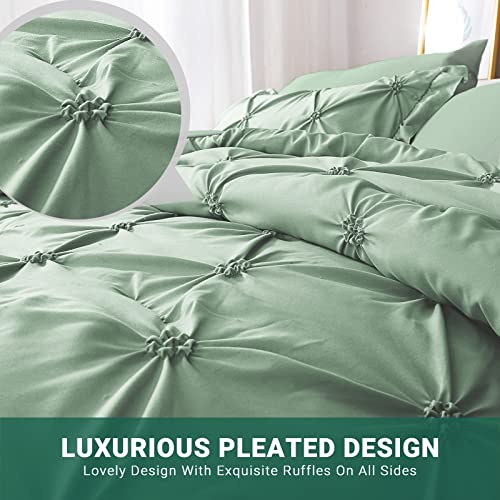 JOLLYVOGUE Green Twin Size Comforter Sets 5 Pieces, Pintuck Bed in a Bag Comforter Set for Bedroom, Bedding Comforter Sets with Comforter, Sheets,Ruffled Shams & Pillowcases