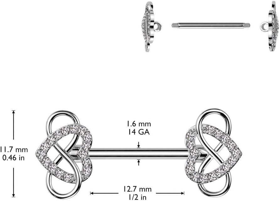 Pierced Owl 14GA 316L Stainless Steel CZ Crystal Infinity Heart Nipple Barbells, Sold as a Pair
