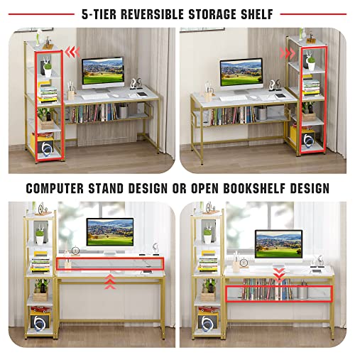 Image of Teraves Computer Desk with 5 Tier Shelves,Reversible Writing Desk with Storage 49 Inch Study Table for Home Office Independent Bookcase and Desk for Multiple Scenes (White Marbling+ Gold Frame)