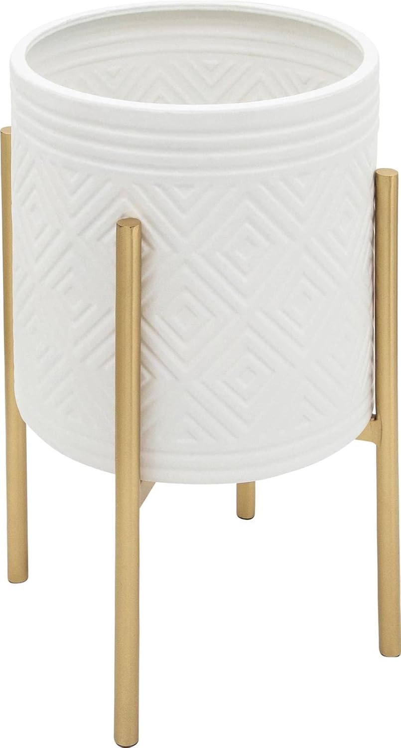 Indoor Outdoor Aztec Planters on Metal Stand, Set of 2, White and Gold, 14 L x 14 W x 23 H Inches