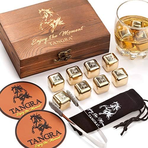 Whiskey Stainless Steel Stones Gift Set of 8 Golden Ice Cubes. Reusable Chilling Rocks in Wooden Box Ideas for Men Dad Groomsman Husband Wedding Father's Day Birthday Anniversary by TANGRA