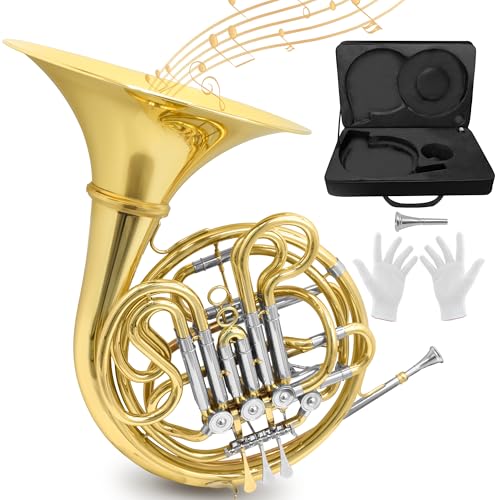 Double French Horn F/Bb Key Professional 4-Valve Nickel-Plated & Gold Lacquer Brass Includes Case Mouthpiece Gloves & Cleaning Cloth for Students Musicians & Orchestra Use