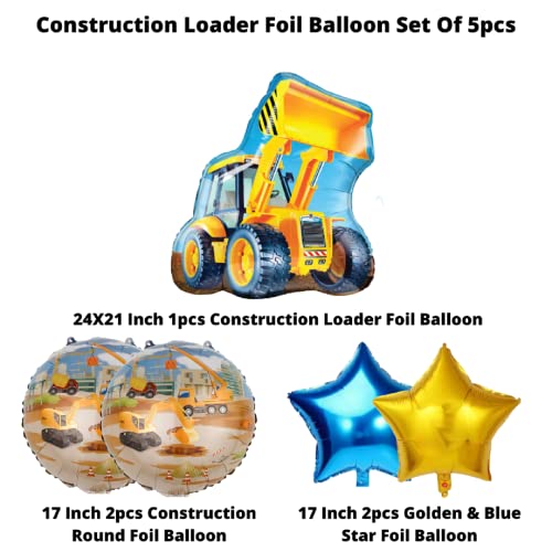 Image of Party Decorz Construction Loader Foil Balloon Set Of 5pcs(1pcs Construction Loader Balloon+ 2pcs Construction Foil Balloon+2pcs Star Balloon) For Vehicles /Transportation /Construction Theme