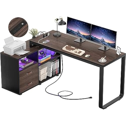 Homieasy L Shaped Desk with File Cabinet & Power Outlet, Reversible 55 Inch Large Corner Computer Desks with LED Strip, L-Shaped Computer Desk with Drawers and Storage Shelves, Espresso