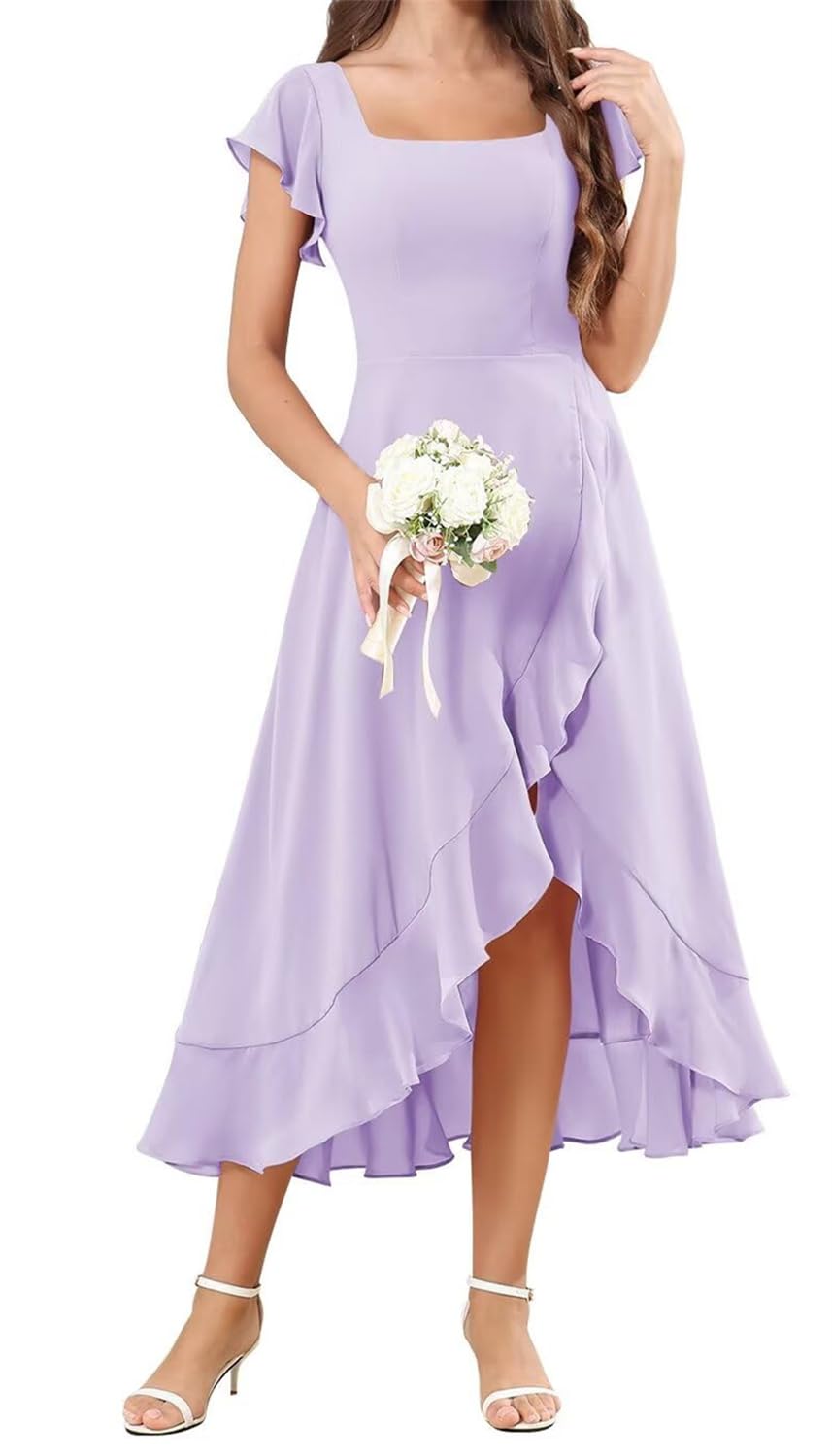 Hppee Women's Lilac Bridesmaid Dresses For With Sleeves Tea Length Chiffon Formal Dress Evening Party Gown Uk8