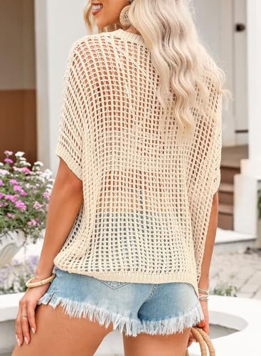 Sidefeel Women's Crochet Tops Short Sleeve Sweater 2025 Fashion Hollow Out Scoop Neck Pullover Knit Tops Cover Ups2