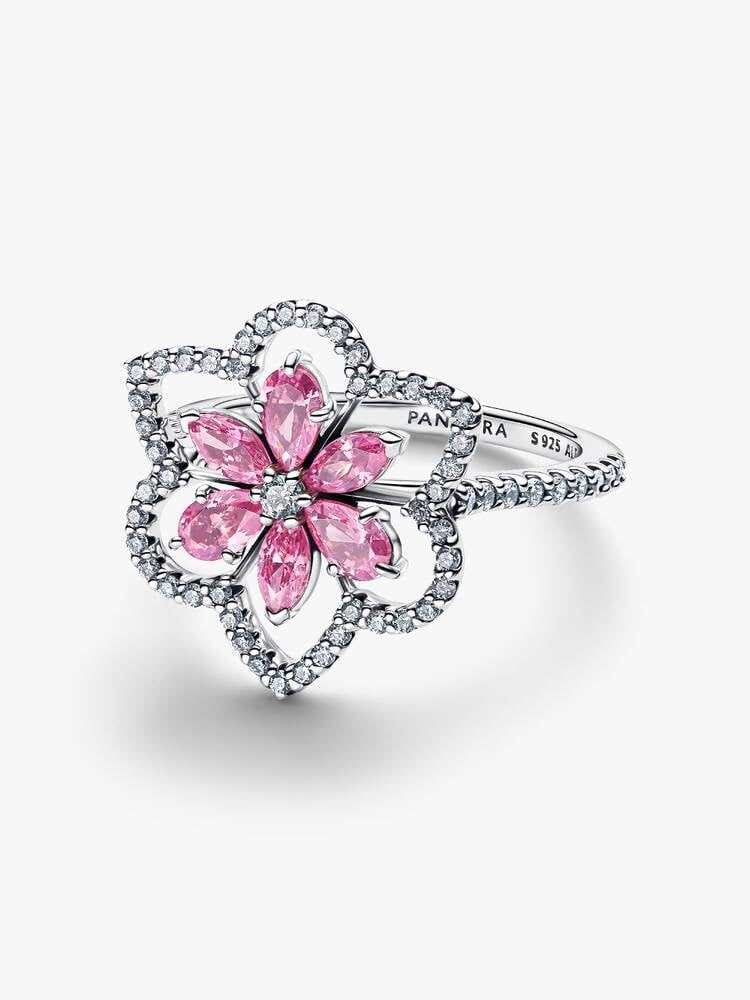 PANDORA Anillo de cóctel de plata para mujer con doble flor 194577C01