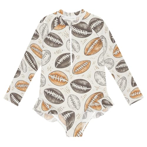 ALAZA Retro Rugby Black White Girls One Piece Swimsuit Long Sleeve Rash Guard Swimsuits UV 50+ Swimwear Zipper