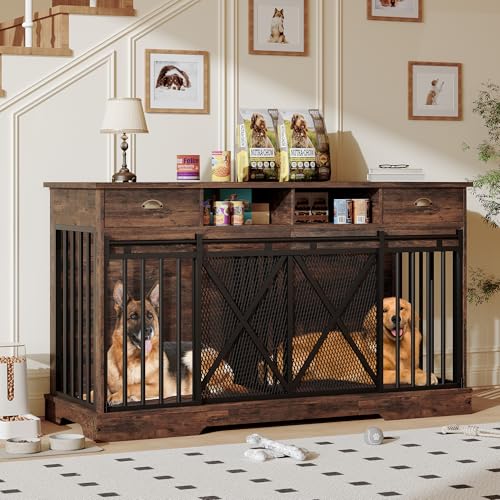 Double Dog Crate Furniture, 63” Large Dog Kennel Furniture with Divider and Sliding Doors, Heavy Duty Dog Kennel Furniture with Drawers and Shelves