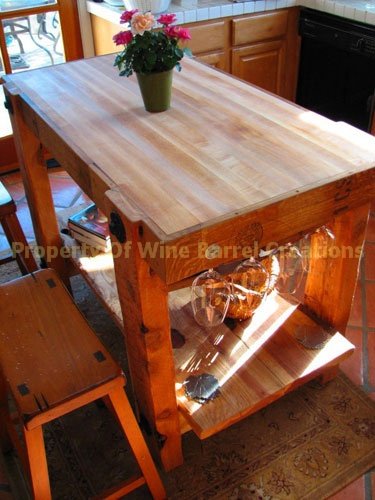 Wine Barrel Creations Inc. Butcher Block Center Island W/Shelf, Wine Bottle & Glass Rack #TOP1