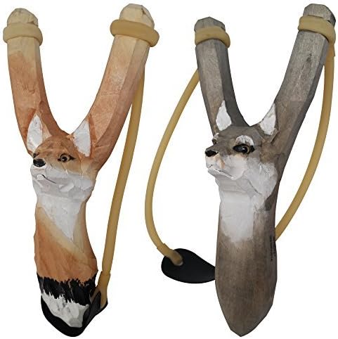 Nature LAUNCHERS - Eslinga de madera tallada a mano - Paquete de 2 - Lobo y zorro