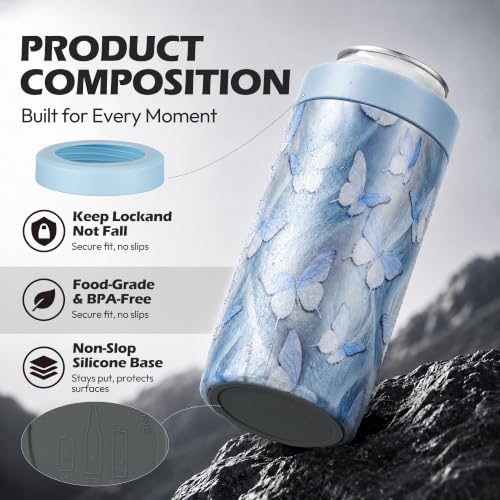 Image of 4-in-1 Slim Can Cooler Easy to Hold Insulated Beer Can Holder Double-Walled Stainless Steel for All 12 Oz Cans Blue Butterfly