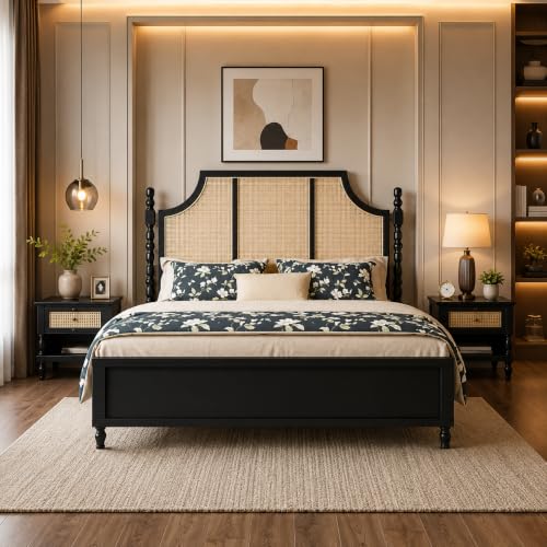 Image of Solid Sheesham Wood Poster King Size Poster Honeymoon Bed Without Storage with Designer Piller and Cane Crafting