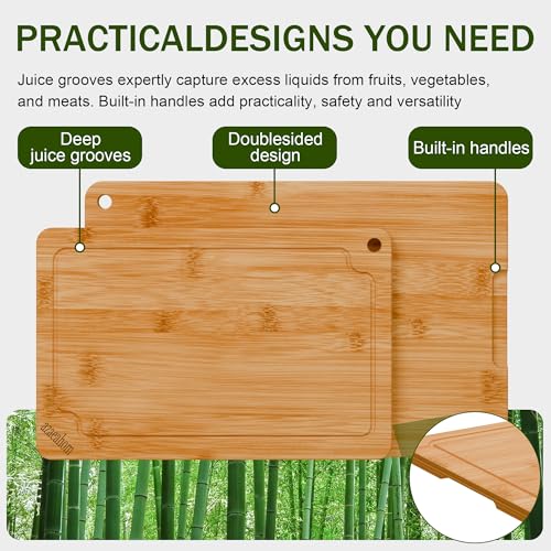 Bamboo Cutting Boards for Kitchen, Large Wood Cutting Board with Juice Grooves & Built-in Handles, Easy Storage & Clean Chopping Board for Meat, Vegetables, Fruit