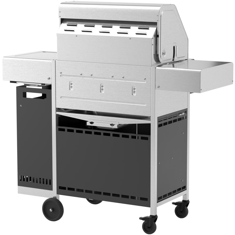 Schickling Gasgrill "Henry L - Deluxe" Edelstahlgrill Grillwagen mit Unterschrank, Doppelwandigem Deckel, 3 Brenner, 800 Grad Seitenbrenner & 3-teiligem Grillrost - Made in Germany