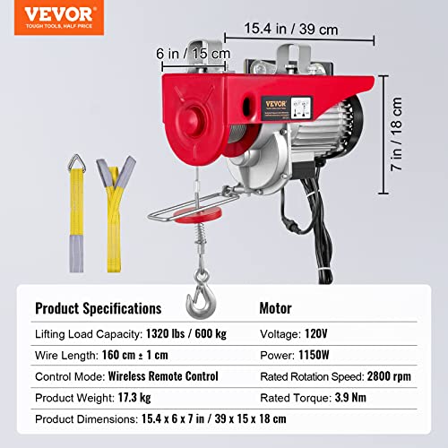 Vevor 1320Lbs Electric Hoist With Wireless Remote Control, Electric Hoist With Remote Control 110 Volt, 40Ft/20Ft Lifting Height & Pure Copper Motor, For Garage Warehouse Factory #TOP6