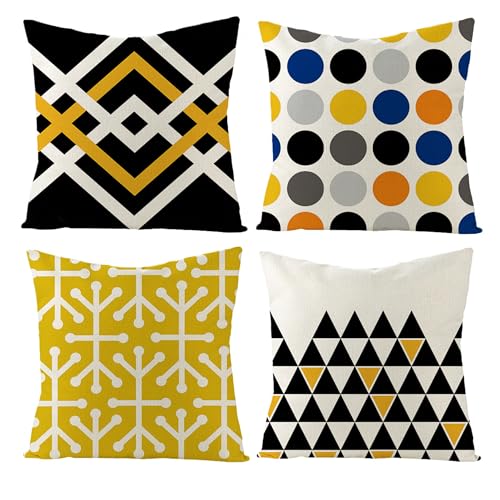 Fundas Cojines Suaves y Transpirables 45x45 cm,Juego de 4 Lino Cojines Decoracion,Patrón Geométrico, Cojines Decorativos para Sofá,Dormitorio y Sala de Estar
