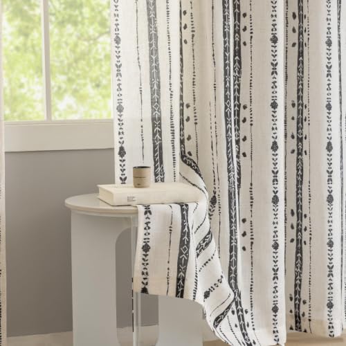 Conkov Black Boho Linen Curtains for Living Room 84 Inch Length 2 Panels