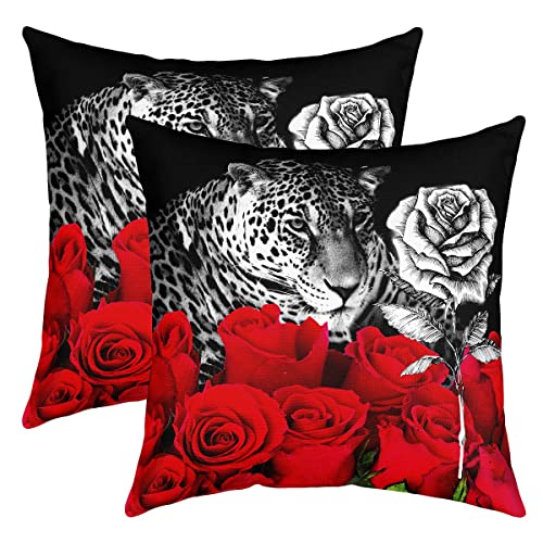 Lot De 2 Leopard Taie d'oreiller 60x60cm Guépard Rose Fleurs Imprimer Housse Coussin Pour Maison Le Salon Taie Oreiller Réversible Wild Animaux Botanique...