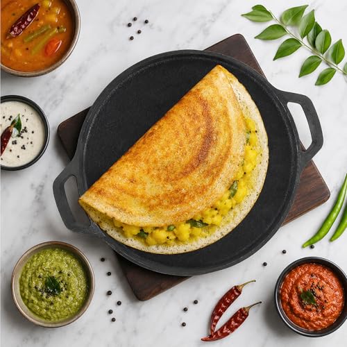 Image of Cast Iron Dosa Tawa with Dual Grip Handles | Pre-Seasoned Non-Stick Iron Tawa for Dosa /Chilla /Roti | Heavy Duty Non-Toxic Cookware | Gas Stove & Induction Compatible | Black, 30cm, 2.8kg