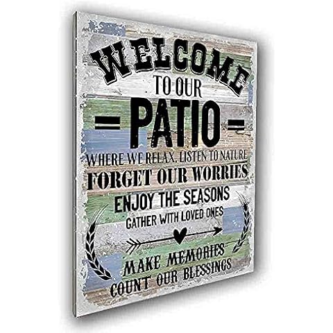 vizuzi Welcome to Our Patio Rustic Farmhouse Wood Wall Art Plaque, Funny Home Patio Porch Wall Decor Sign Cover