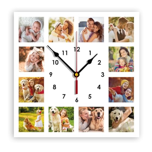 Orologio da parete personalizzato con foto, rotondo, quadrato, silenzioso, con immagine e logo, per soggiorno, cucina, bagno, funzionamento a batteria, PVC, (25-30 cm) (12 foto quadrate)