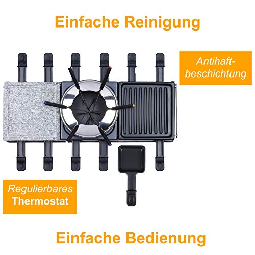 LUTEO Raclette Fondue Kombi 12 Personen Groß - Raclette Grill mit Grillplatte und Heißer Stein - Elektrogrill Starke… – Bild 3