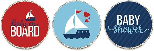 Andaz Press Náutico Baby on Board Boy Girl Twins Género Neutral Baby Shower Colección, Trío de calcomanías de gota de chocolate para fiesta, se