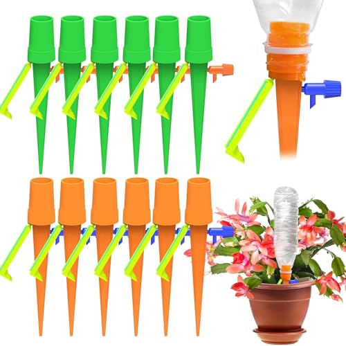 Lonimia Plant Watering Devices Plant Drip Irrigation Self Spikes With Anti-Tilt Bracket & Valve Control Switch Slow Release Irrigation Vacation Plants System 12 Pack