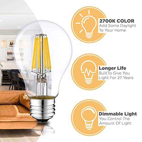 LED A19 Light Bulbs: 6 Watt - 2700K Warm Lightbulbs - 60W Equivalent - Classic Clear Glass Dimmable LED Light Bulbs - E26 LED Bulb Base - Vintage Light Bulb Set - 6 Pack - Image 3