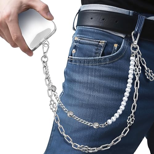 Image of ROCONTRIP Anti-Theft Phone Lanyard Tether & Pants Chain Heavy-Duty Phone Strap With Metal Tether Tab (White Silver)