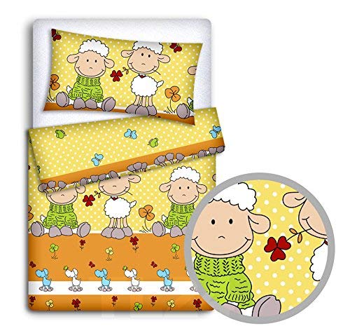Babymam Baby Newborn Bedding Set Pillowcase + Duvet Quilt Cover 2 Piece to Fit Cot Crib Cradle Pram 135x100cm (Sheep yellow)