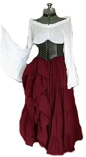 Women's Renaissance Medieval Costume Flare Sleeve Corset Skirt Overskirt Fancy Dress Irish Over Gown 2pcs Set - Buy now