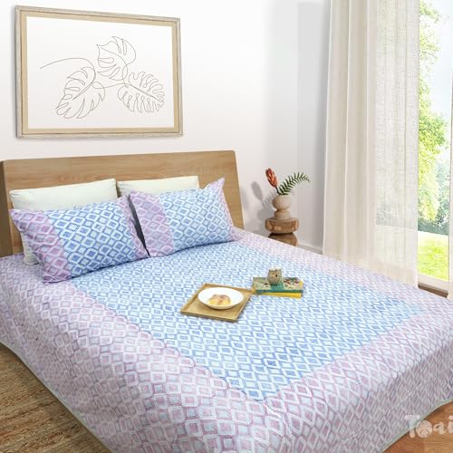Image of TOAI Hand Block Printed Bedsheet | Bed Spread Flatsheet Bed Sheet | Pure Cotton | Queen Size 90 inchx108 inch | 300 TC Long Staple Cotton | 2 Reversible Pillow Covers |Vintage Lines Checks |Blue Pink
