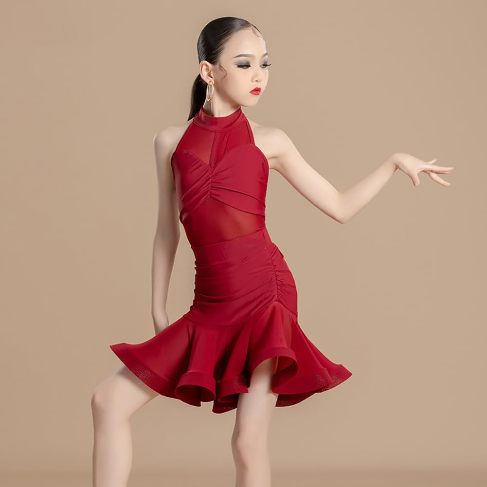 Dziewczęca sukienka do tańca latynoamerykańskiego bez rękawów z wysokim okrągłym dekoltem strój do tańca tango salsa sala balowa cha cha rumba samba