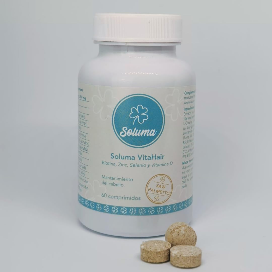Vitaminas para el pelo - Crecimiento y Anticaida Cabello Hombre con Saw Palmetto, Biotina, Zinc, Selenio, L-Cisteina - Vitaminas capilares Hair Complex SOLUMA VITAHAIR