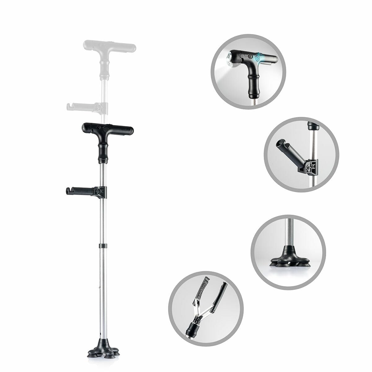 InnovaGoods® Bâton de marche extensible, bâton de marche extensible avec LED, alarme et main mécanique, bâton de marche avec 6 niveaux de hauteur réglable et 4 points d'appui.