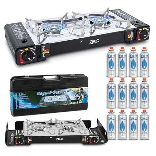 ZMC Réchaud à gaz de camping 2 feux avec adaptateur pour connexion GPL + 12 cartouches de gaz 227g + Mallette de rangement, Puissance thermique : 2,5 kW, Réchaud de camping avec allumage piezo pour