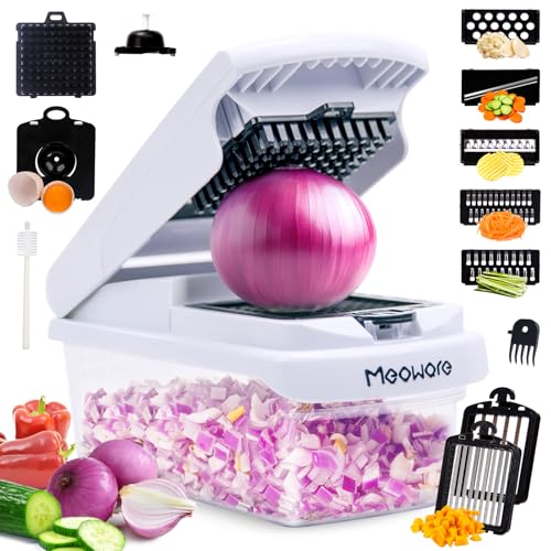 Meoware 7-in-1 Vegetable Chopper Pro - Mandoline Vegetable Slicer with 7 Stainless Steel Blades - Compact Food Processor - Onion Chopper & Cheese Slicer - Kitchen Accessories Essentials (White)​​
