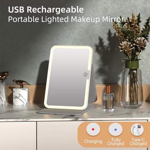 Image of Rechargeable Travel Lighted Makeup Mirror with PU Leather Cover, Portable Travel Makeup Mirror with lights, 3 Color Lighting,Touch Sensor Dimmable, Light Up Tabletop Cosmetic Mirror Folding Flower