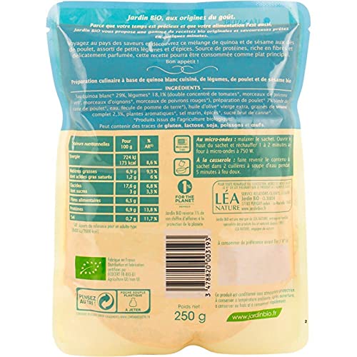 JARDIN BIO - Quinoa et émincé de poulet au sésame bio - Saveur et nutrition dans un sachet de 250G - Alimentation saine et biologique pour tous les jours. - le Lot De 4