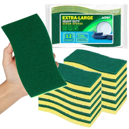 Image of AIDEA XL Scrub Sponges Heavy Duty 12Count, Sponges for Dishes, Extra Large Sponge for Cleaning Kitchen and Household, Heavy Duty Sponge Safe for Non-Coated Cookware, Cleaning Power for Bathroom, House